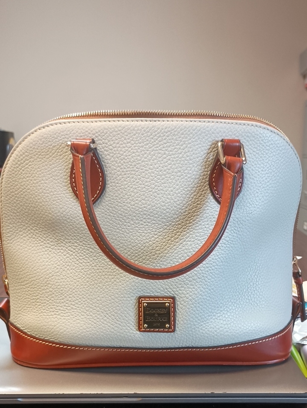 Dooney & Bourke Cream Pebble Leather Satchel with Brown Trim